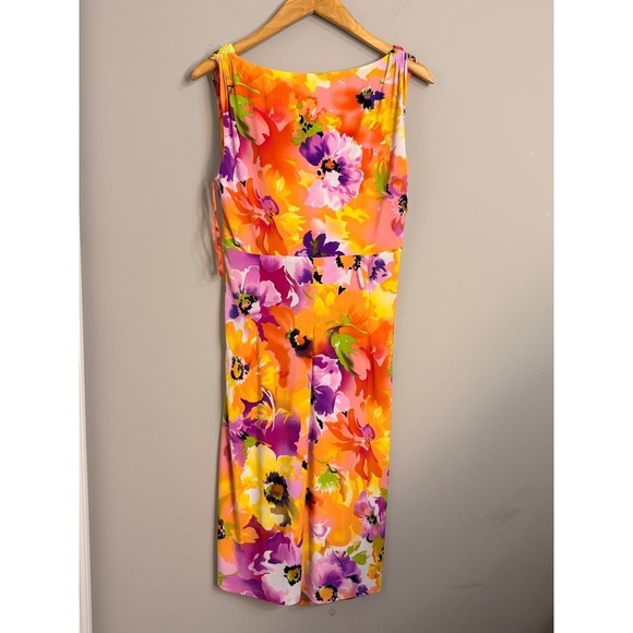 Lauren Ralph Lauren Floral Wrap Ruched Sheath Dress Orange Pink Purple Size 10 - Picture 5 of 7